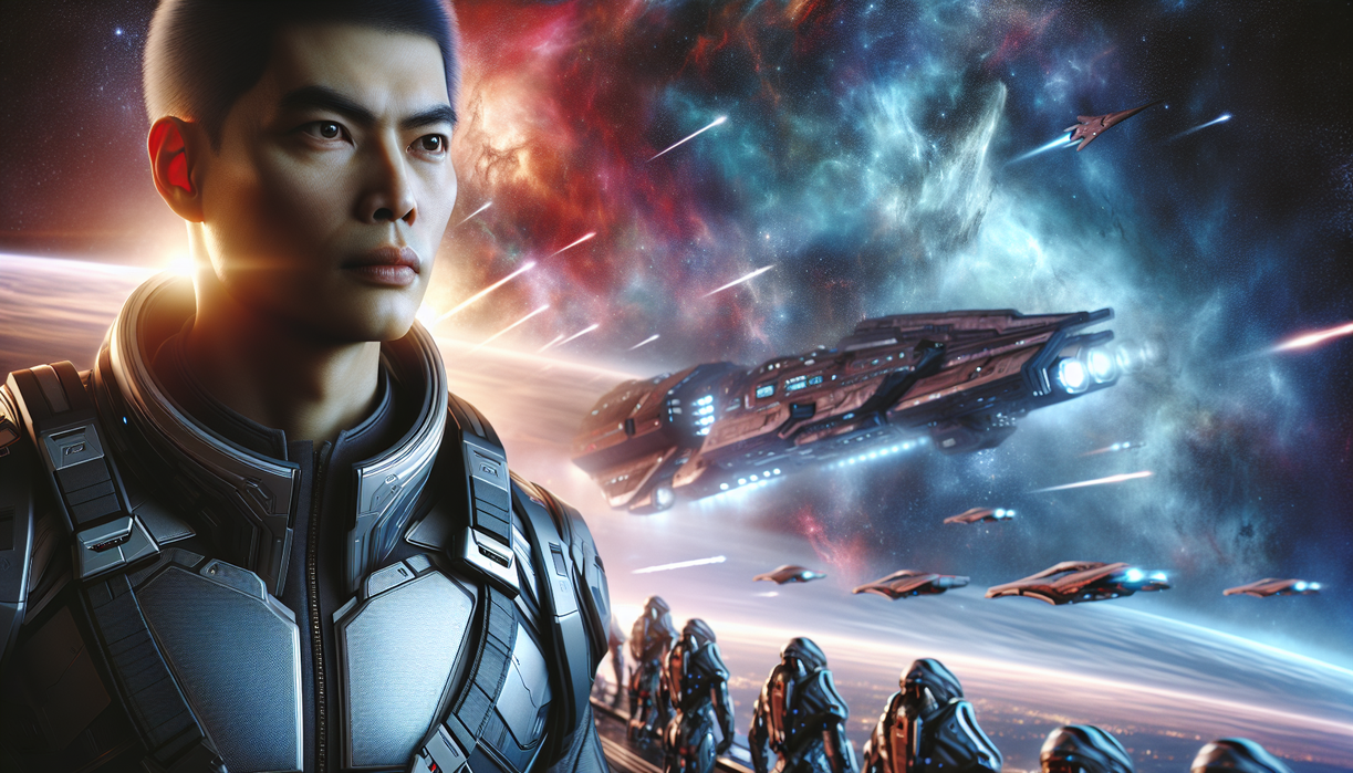 alt_text: Poster "Mass Effect 5: Harapan Baru", menampilkan Shepard dengan latar luar angkasa futuristik.