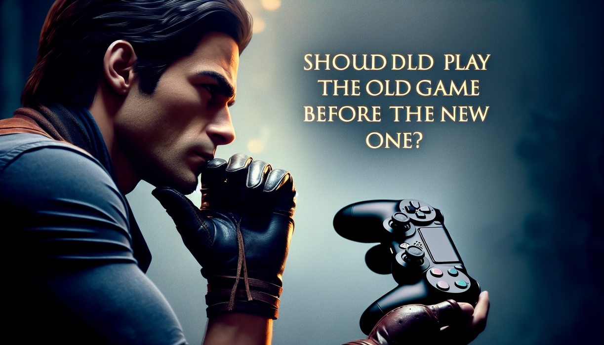 alt_text: Karakter berpikir memegang kontroler, bertanya apakah harus main game lama sebelum yang baru.